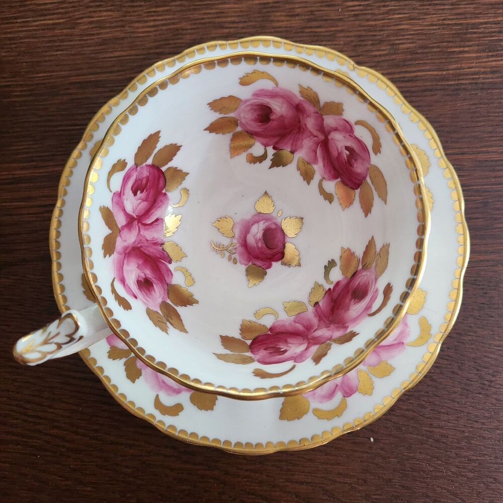 Vintage Royal Chelsea England fine bone China heavy gold cabbage Rose cup saucer